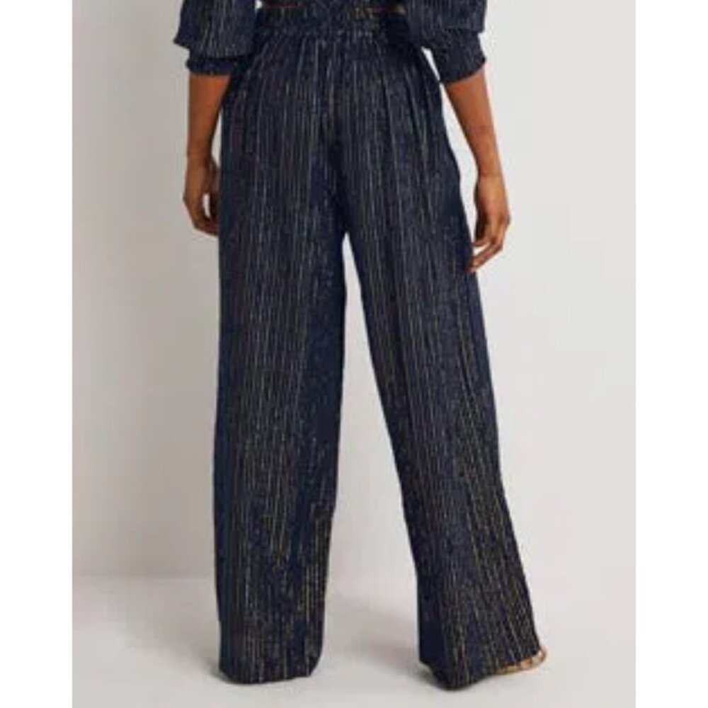 Boden Navy Pinstripe Wide-Leg Trousers - Picture 3 of 14